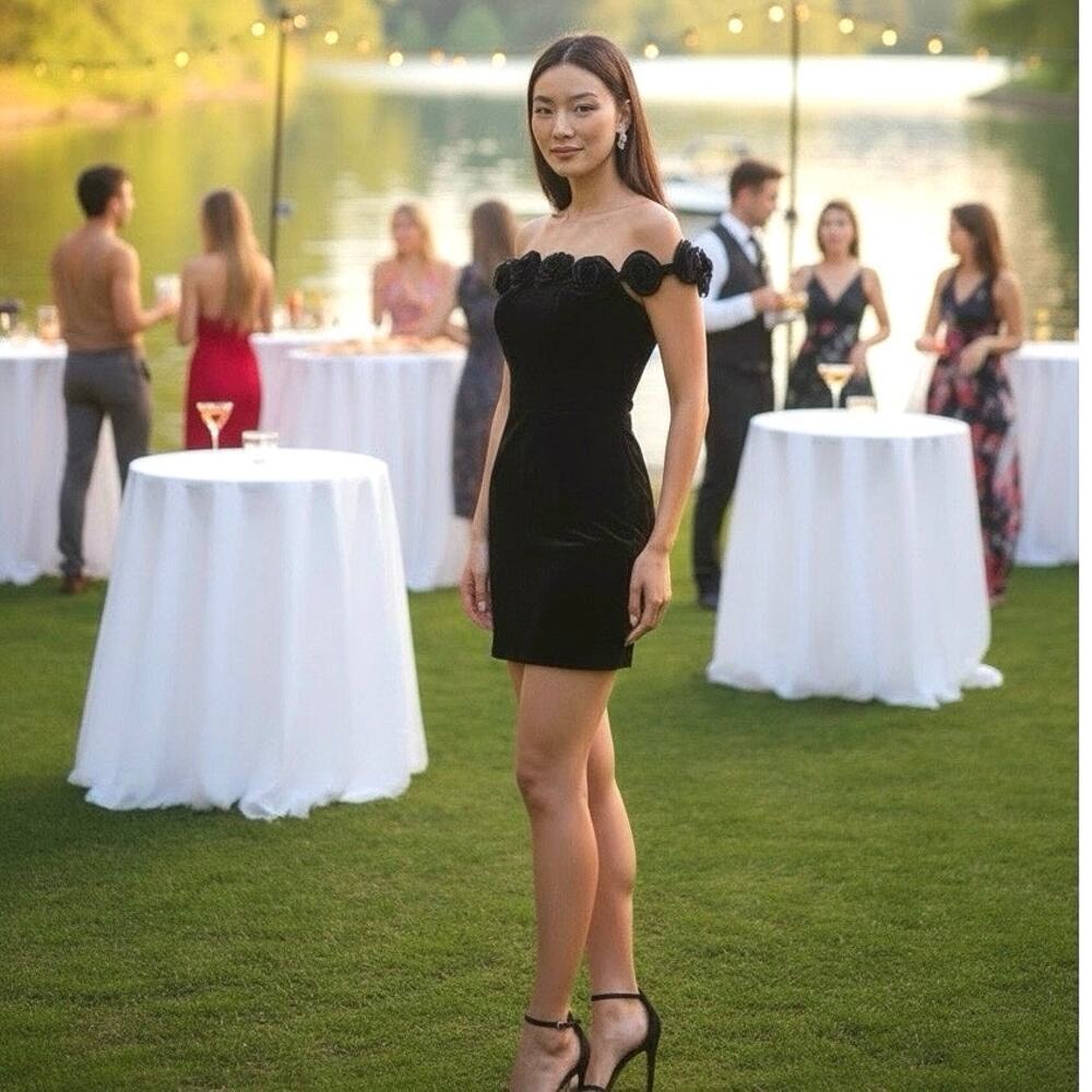 Avec Les Filles Black Velvet Off Shoulder Rose Trim Mini Dress 10 Vixen LBD